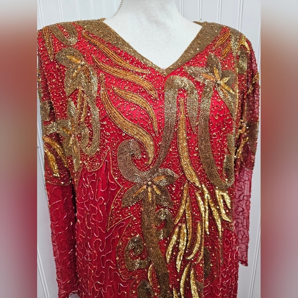 Elegant Red and Gold Beaded Dress Vintage L - Picture 2 of 5